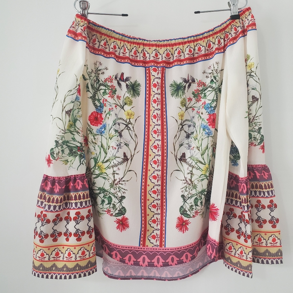 Umgee Floral Off Shoulder Top Blouse Womens Large Boho Peasant Bell Sleeve - Picture 8 of 11